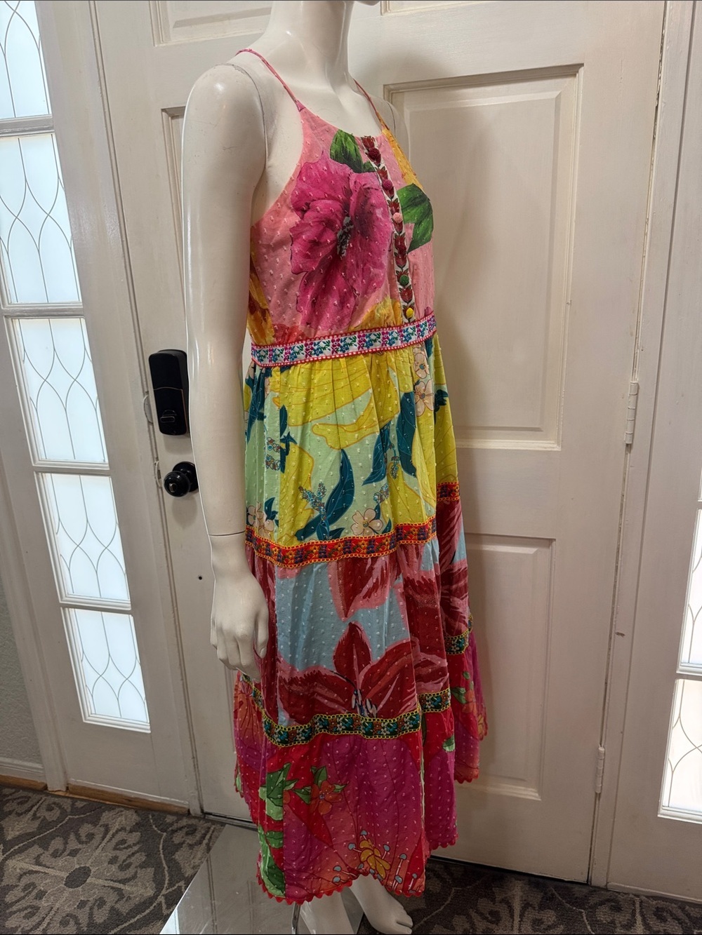 Farm Rio Tiered Cotton Tank Midi In Mixed Garden Floral Dress Size XSMALL - Picture 9 of 15